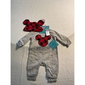 Disney Baby Brother Mickey Mouse Romper Hat Set Red Black Newborn NB‎
